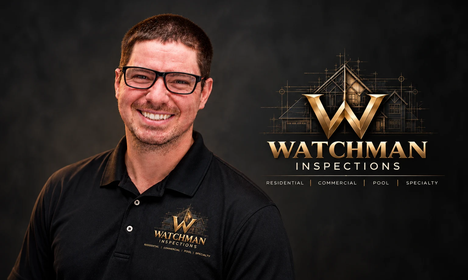 Drew Gross wearing his Watchman Inspections polo alongside the Watchman brand logo
