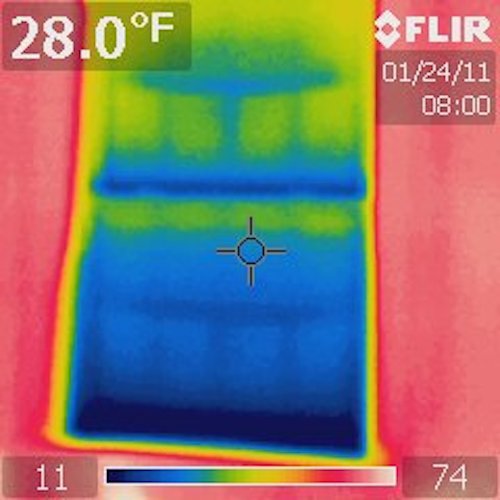 Illustrative residential interior thermal imaging view of a window and surrounding wall; not a Watchman inspection finding